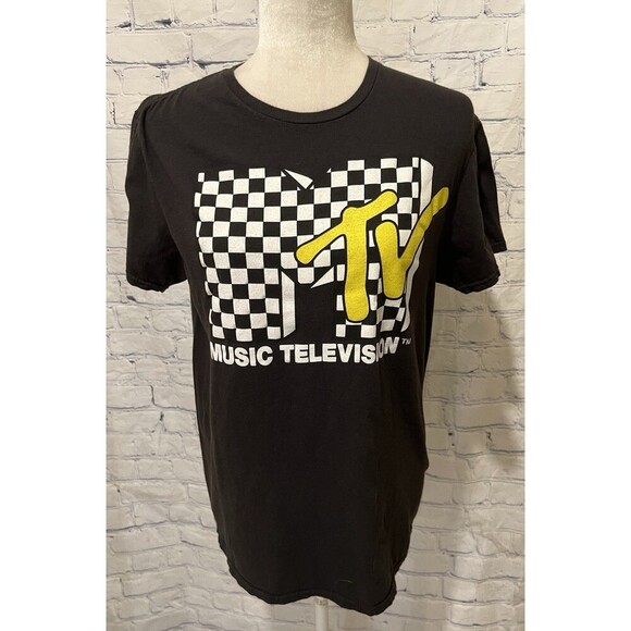 Classic MTV Logo Distressed Checkered Print Premium T-Shirt Medium - Picture 1 of 5